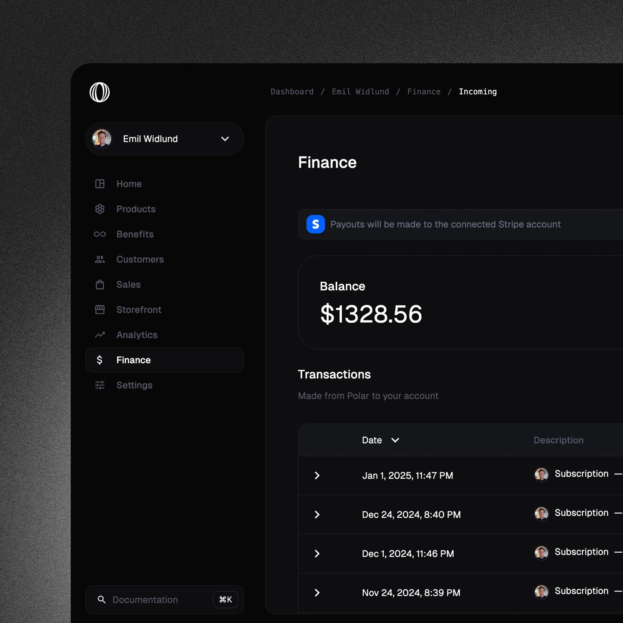 Polar payment transactions dashboard